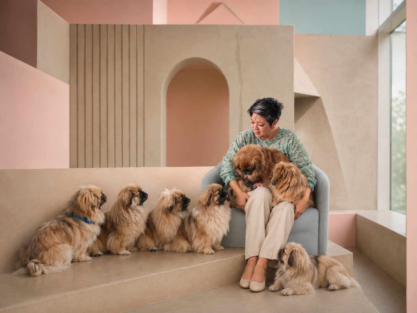 Livia Ching seated in a pastel architectural interior with seven Pekingese dogs.